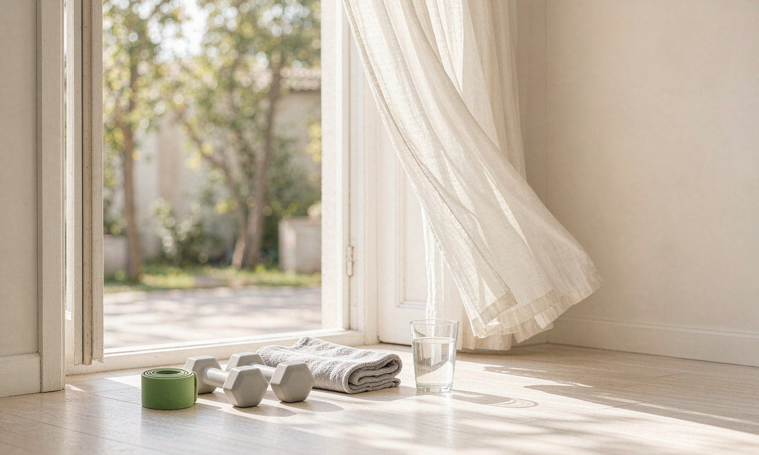 Resistance band, light dumbbells and a folded towel on a sunlit pale wood floor at home