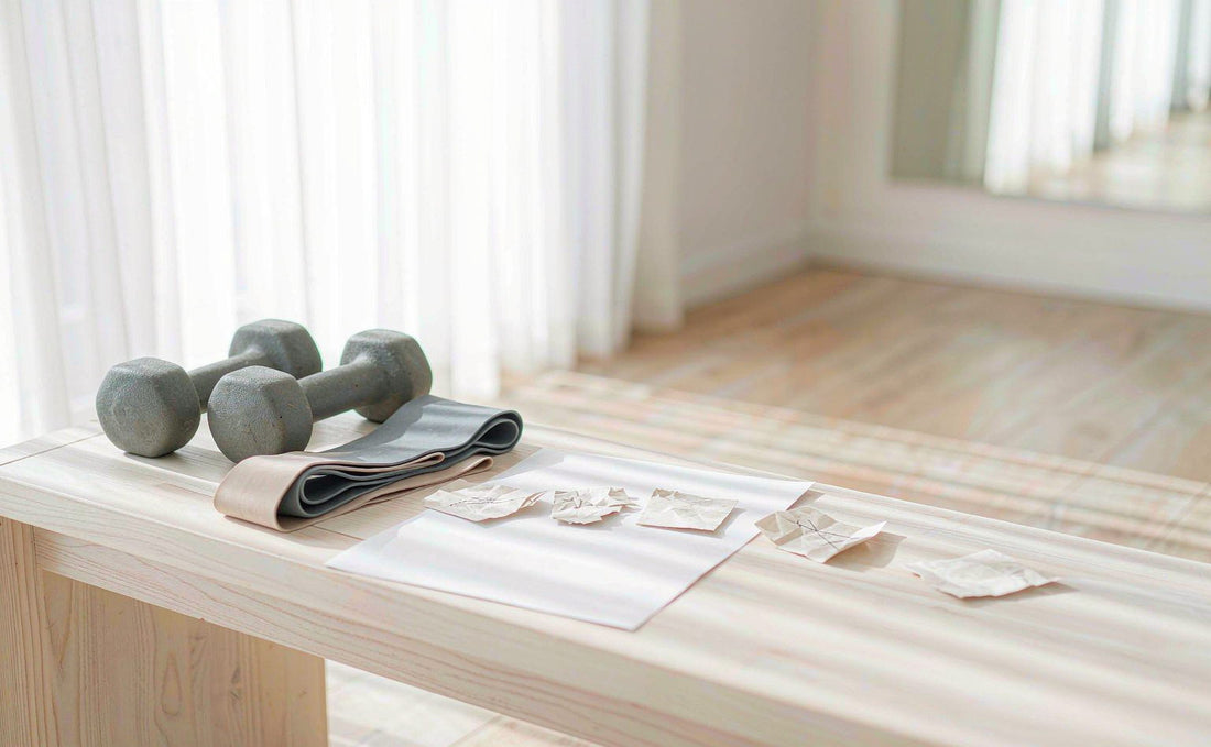 A pair of light dumbbells and a resistance band on a pale bench in a bright airy home gym corner