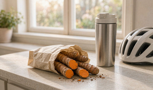 Fresh turmeric rhizomes with cut orange flesh in a paper bag beside a travel mug and a helmet