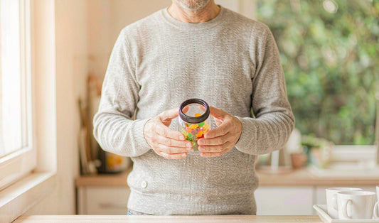 A man in his sixties seen from behind, holding a small amber gummy jar at a sunlit kitchen counter