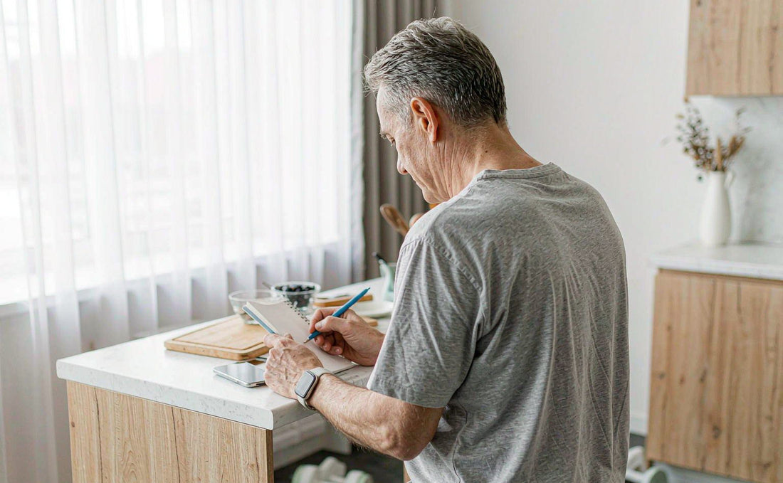 A man in his late fifties seen from behind planning his training week at a bright kitchen counter