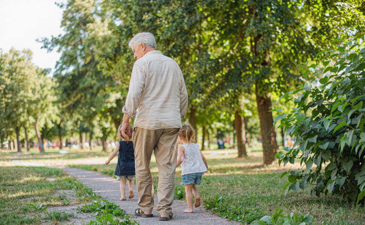 A grandfather walking a sunlit park path with two young grandchildren, seen from behind, no faces visible
