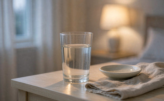 A glass of water and folded linen on a light wood bedside table in soft evening light