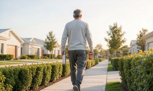 A man in his 50s seen from behind walking a sunlit suburban path, water bottle in hand