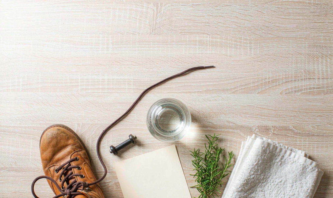 Overhead flat lay of a walking shoe, dumbbells, water glass and a weekly planner on a pale oak table