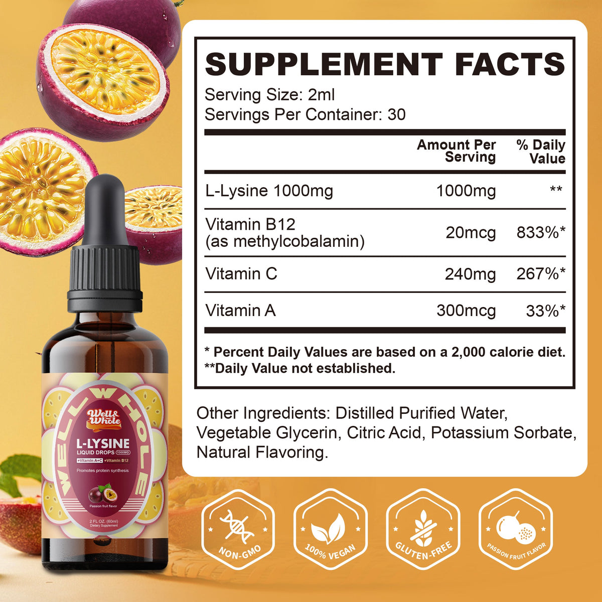 L-lysine liquid supplement facts panel and serving guidance
