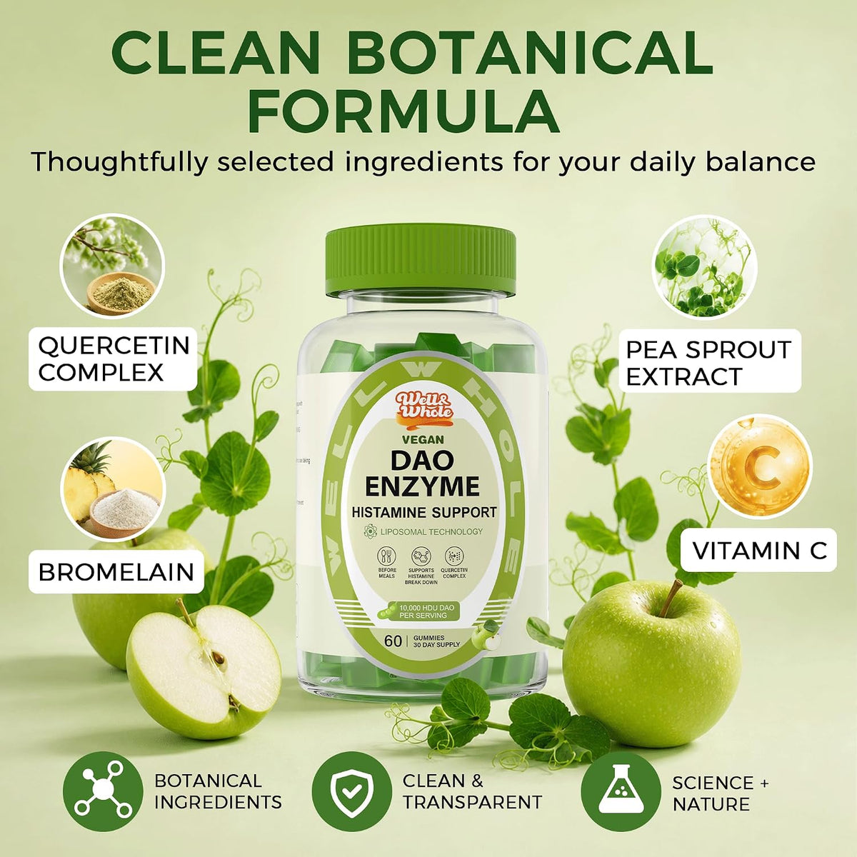 Pea sprout and quercetin botanical blend behind the DAO gummies jar