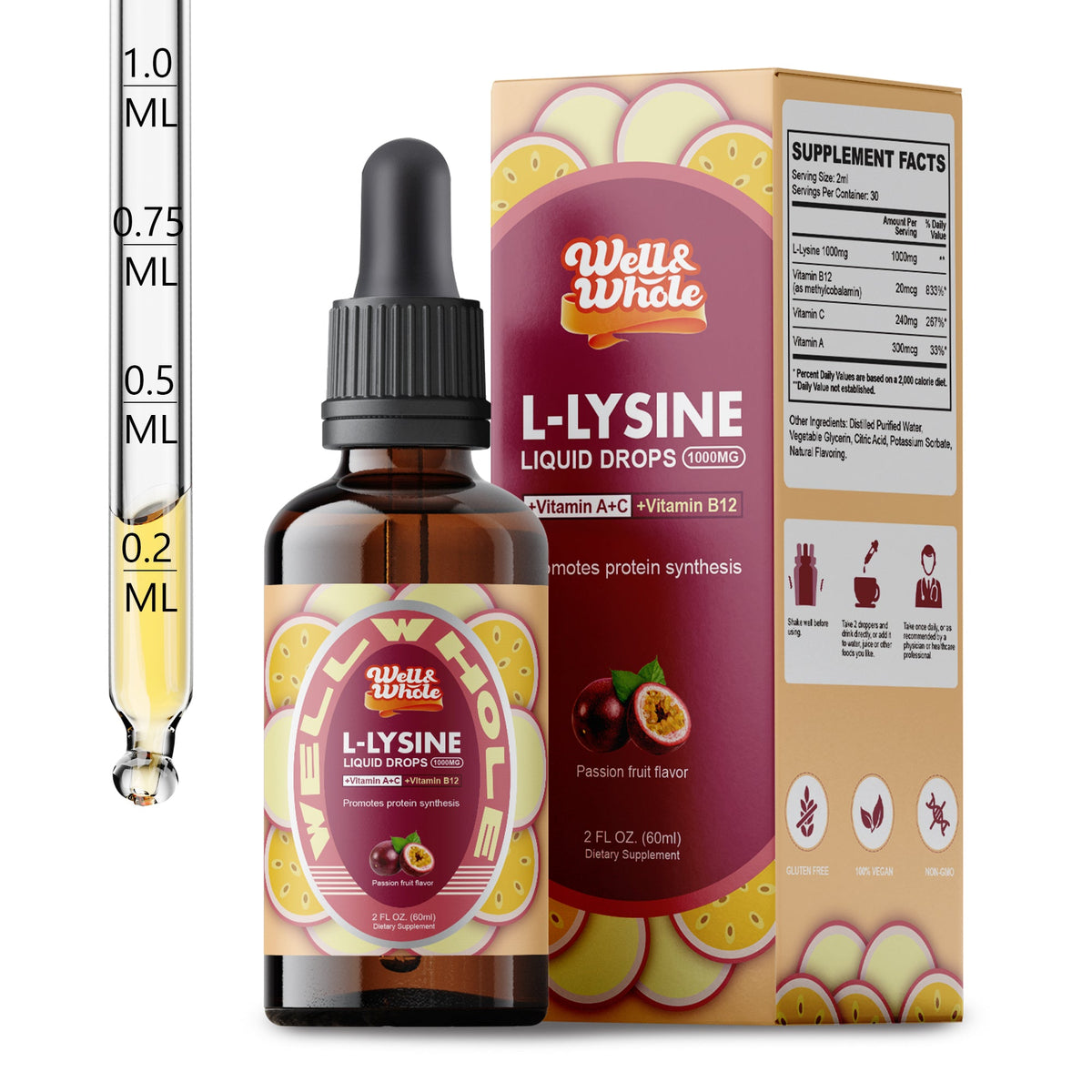WellWholePlus L-lysine liquid drops 1000mg bottle with dropper