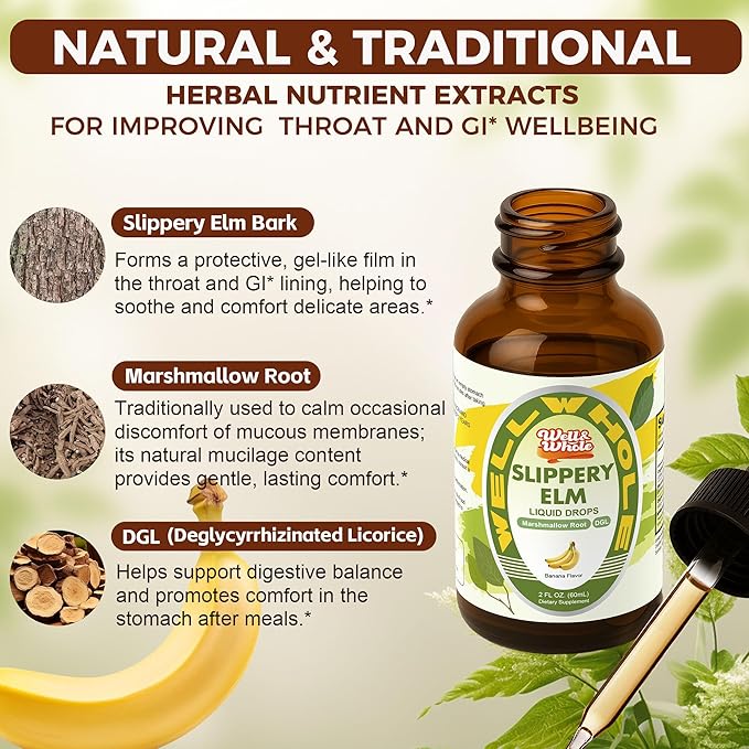 Slippery elm bark drops beside the DGL licorice extract label