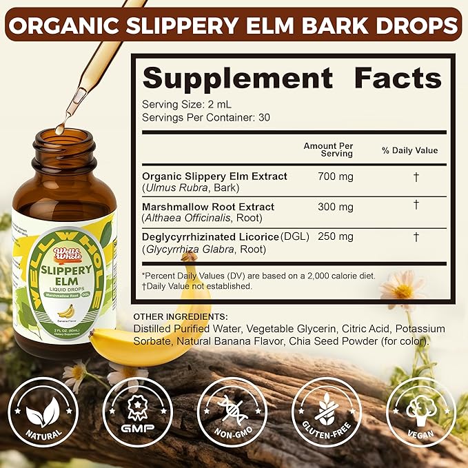 Slippery elm liquid drops supplement facts panel and serving