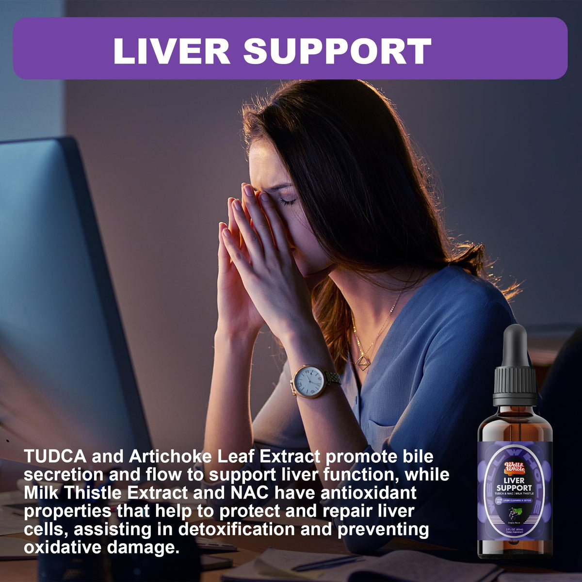 Man 50+ adding liver support drops to water after a late dinner