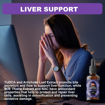 Man 50+ adding liver support drops to water after a late dinner
